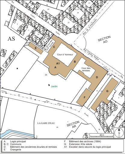 Plan masse et de situation. Extrait du plan cadastral, 1974, section AS2. © André Céréza / Région Bourgogne-Franche-Comté, Inventaire du patrimoine - 2009