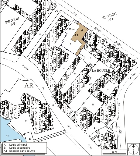 Plan masse et de situation. Extrait du plan cadastral, 1974, section AS2. © André Céréza / Région Bourgogne-Franche-Comté, Inventaire du patrimoine - 2009