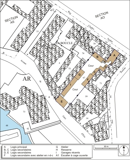 Plan masse et de situation. Extrait du plan cadastral, 1974, section AS2. © André Céréza / Région Bourgogne-Franche-Comté, Inventaire du patrimoine - 2009