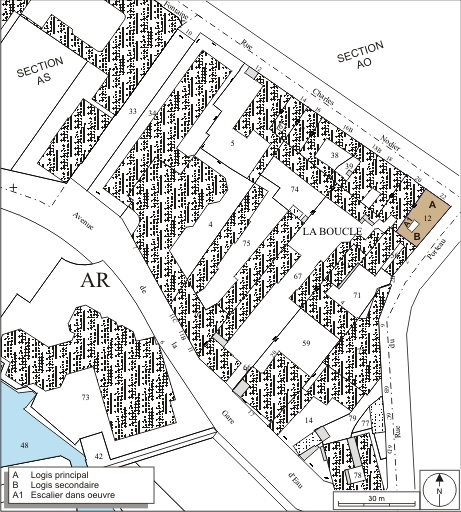 Plan masse et de situation. Extrait du plan cadastral, 1974, section AS2. © André Céréza / Région Bourgogne-Franche-Comté, Inventaire du patrimoine - 2009
