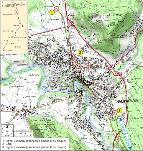 Carte et schéma de localisation. Carte topographique, IGN, 3326 Ouest Champagnole, 2001, échelle 1:25 000. Scan 25, licence n° 2008/CISE/2968. © André Céréza / Région Bourgogne-Franche-Comté, Inventaire du patrimoine - 2009