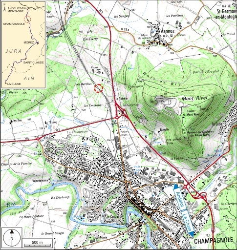 Carte et schéma de localisation. Carte topographique, IGN, 3326 Ouest Champagnole, 2001, échelle 1:25 000. Scan 25, licence n° 2008/CISE/2968. © André Céréza / Région Bourgogne-Franche-Comté, Inventaire du patrimoine - 2009