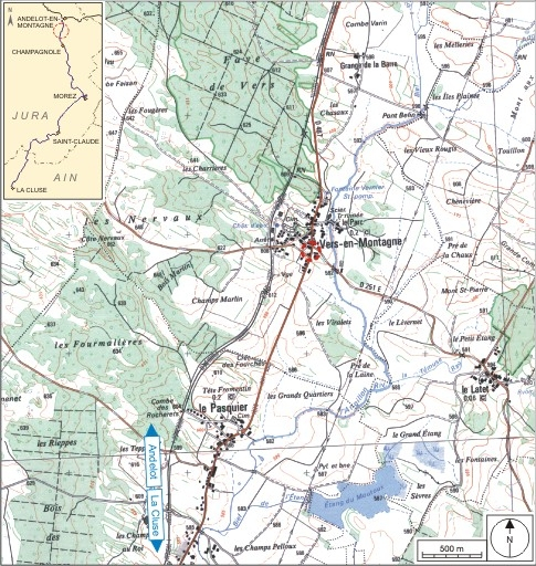 Carte et schéma de localisation. Carte topographique, IGN, 2000, dalle F087_047, échelle 1:25 000. Scan 25, licence n° 2008/CISE/2968. © André Céréza / Région Bourgogne-Franche-Comté, Inventaire du patrimoine - 2009