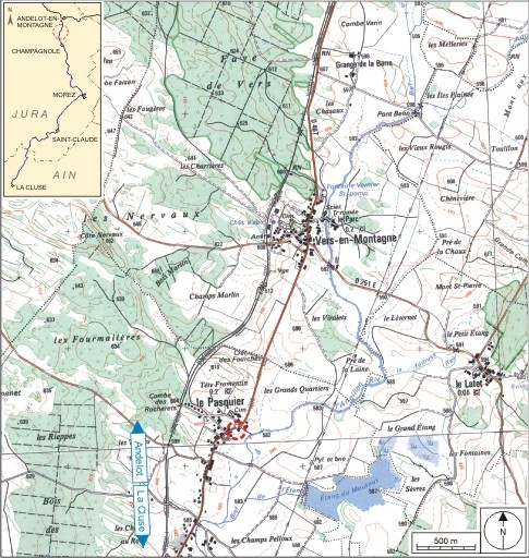 Carte et schéma de localisation. Carte topographique, IGN, 2000, dalle F087_047, échelle 1:25 000. Scan 25, licence n° 2008/CISE/2968. © André Céréza / Région Bourgogne-Franche-Comté, Inventaire du patrimoine - 2009