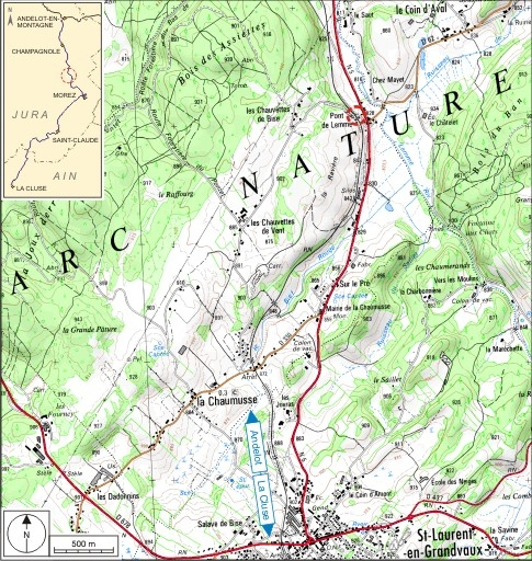 Carte et schéma de localisation. Carte topographique, IGN, 2000, dalle F087_049, échelle 1:25 000. Scan 25, licence n° 2008/CISE/2968. © André Céréza / Région Bourgogne-Franche-Comté, Inventaire du patrimoine - 2009