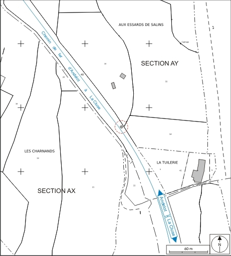Plan de situation. Extrait du plan cadastral informatisé, 2008, sections AX et AY, échelle 1:2000. © André Céréza / Région Bourgogne-Franche-Comté, Inventaire du patrimoine - 2009