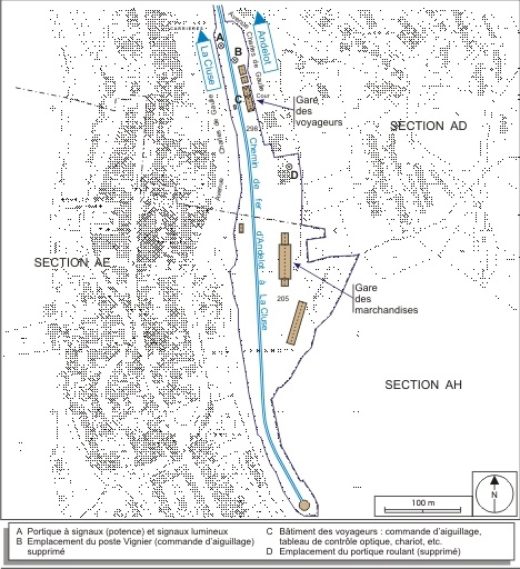 Plan de situation. Montage d'extraits du plan cadastral, 1980, sections AD et AE, échelle 1:1000 réduite à 1:3800, complété d'après un plan numérique de la SNCF (1999) et le terrain. © André Céréza / Région Bourgogne-Franche-Comté, Inventaire du patrimoine - 2009 Plan de situation. Montage d'extraits du plan cadastral, 1980, sections AD et AE, échelle 1:1000 réduite à 1:3800, complété d'après un plan numérique de la SNCF (1999) et le terrain. © André Céréza / Région Bourgogne-Franche-Comté, Inventaire du patrimoine - 2009