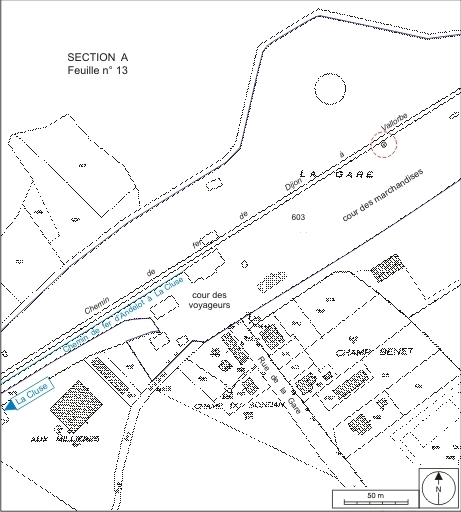 Plan de situation. Extrait du plan cadastral, 1995, section A, 12e feuille, échelle 1:1250 réduite à 1:2000, complété d'après un plan numérique de la SNCF (1999). © André Céréza / Région Bourgogne-Franche-Comté, Inventaire du patrimoine - 2009