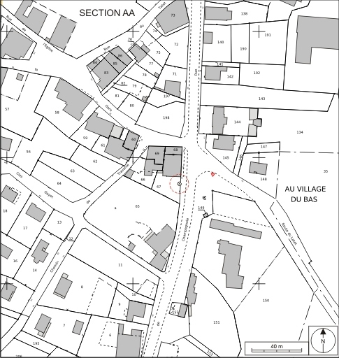 Plan de situation. Extrait du plan cadastral informatisé, 2007, section AA, échelle 1:1500. © André Céréza / Région Bourgogne-Franche-Comté, Inventaire du patrimoine - 2009