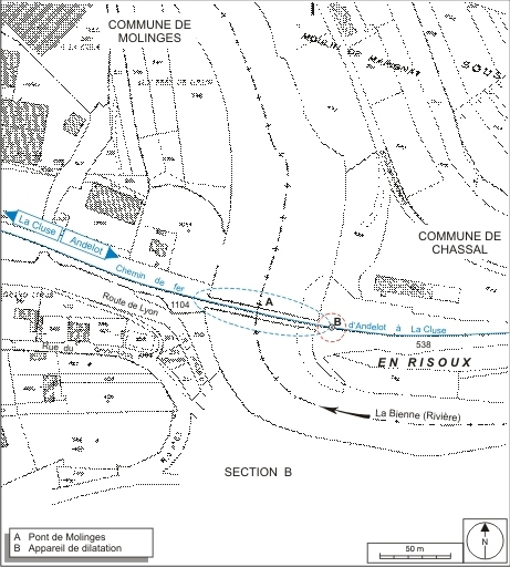 Plan de situation. Montage d'extraits du plan cadastral informatisé, 2006, Chassal, section D, et Molinges, section A (2e feuille), échelle 1:1250 réduite à 1:2000. © André Céréza / Région Bourgogne-Franche-Comté, Inventaire du patrimoine - 2009