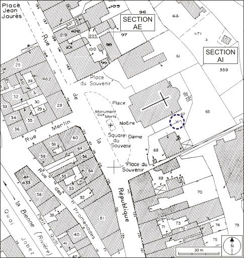 Plan-masse et de situation. Extrait du plan cadastral, 1980, sections AI et AE, échelle 1:1000. © André Céréza / Région Bourgogne-Franche-Comté, Inventaire du patrimoine - 2009