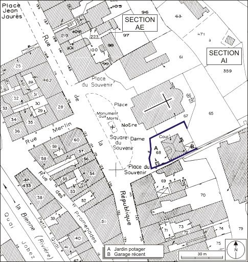 Plan-masse et de situation. Extrait du plan cadastral, 1980, sections AI et AE, échelle 1:1000. © André Céréza / Région Bourgogne-Franche-Comté, Inventaire du patrimoine - 2009