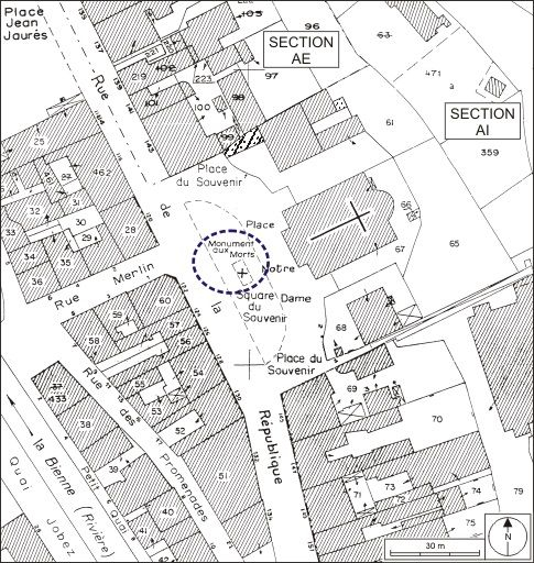 Plan-masse et de situation. Extrait du plan cadastral, 1980, sections AI et AE, échelle 1:1000. © André Céréza / Région Bourgogne-Franche-Comté, Inventaire du patrimoine - 2009