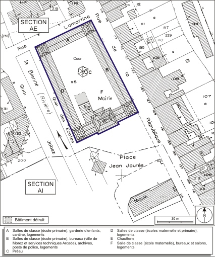 Plan-masse et de situation. Extrait du plan cadastral, 1980, sections AE et AI, échelle 1:1000. © André Céréza / Région Bourgogne-Franche-Comté, Inventaire du patrimoine - 2009 Plan-masse et de situation. Extrait du plan cadastral, 1980, sections AE et AI, échelle 1:1000. © André Céréza / Région Bourgogne-Franche-Comté, Inventaire du patrimoine - 2009