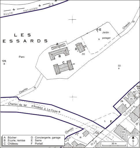 Plan-masse. Extrait du plan cadastral, 1980, section AB, échelle 1:1000. © André Céréza / Région Bourgogne-Franche-Comté, Inventaire du patrimoine - 2009