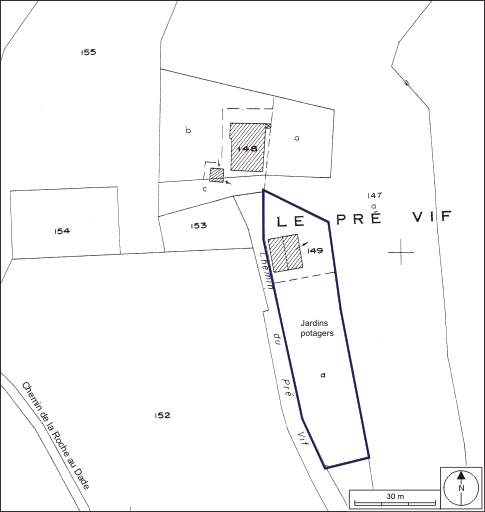 Plan-masse et de situation. Extrait du plan cadastral, 1980, section AE, échelle 1:1000. © André Céréza / Région Bourgogne-Franche-Comté, Inventaire du patrimoine - 2009 Plan-masse et de situation. Extrait du plan cadastral, 1980, section AE, échelle 1:1000. © André Céréza / Région Bourgogne-Franche-Comté, Inventaire du patrimoine - 2009