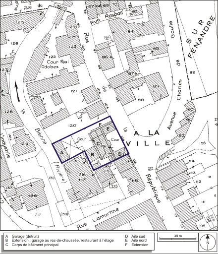 Plan-masse et de situation. Extrait du plan cadastral, 1980, section AE, échelle 1:1000. © André Céréza / Région Bourgogne-Franche-Comté, Inventaire du patrimoine - 2009