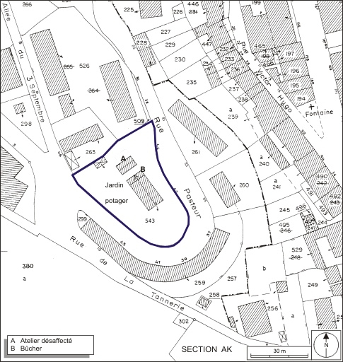 Plan-masse et de situation. Extrait du plan cadastral, 1980, section AI, échelle 1:1000. © André Céréza / Région Bourgogne-Franche-Comté, Inventaire du patrimoine - 2009 Plan-masse et de situation. Extrait du plan cadastral, 1980, section AI, échelle 1:1000. © André Céréza / Région Bourgogne-Franche-Comté, Inventaire du patrimoine - 2009