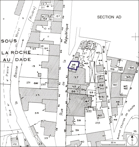 Plan de situation. Extrait du plan cadastral, 1980, section AE, échelle 1:1000. © André Céréza / Région Bourgogne-Franche-Comté, Inventaire du patrimoine - 2009