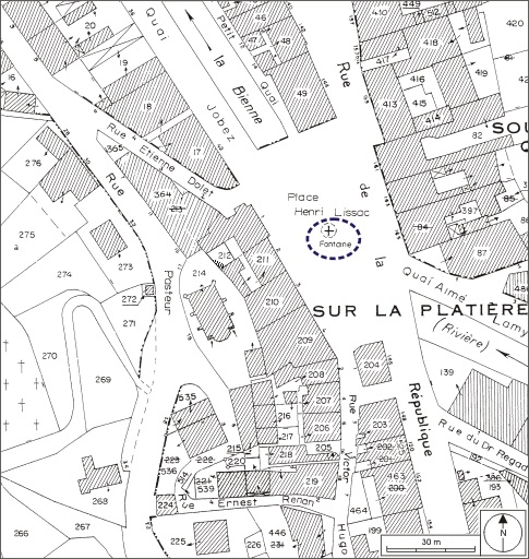 Plan de situation. Extrait du plan cadastral, 1980, section AI, échelle 1:1000. © André Céréza / Région Bourgogne-Franche-Comté, Inventaire du patrimoine - 2009