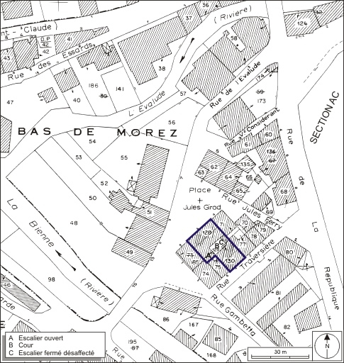Plan-masse et de situation. Extrait du plan cadastral, 1980, section AB, échelle 1:1000. © André Céréza / Région Bourgogne-Franche-Comté, Inventaire du patrimoine - 2009