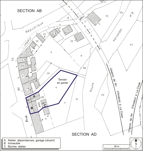 Plan-masse et de situation. Extrait du plan cadastral, 1980, section AC, échelle 1:1000. © André Céréza / Région Bourgogne-Franche-Comté, Inventaire du patrimoine - 2009 Plan-masse et de situation. Extrait du plan cadastral, 1980, section AC, échelle 1:1000. © André Céréza / Région Bourgogne-Franche-Comté, Inventaire du patrimoine - 2009