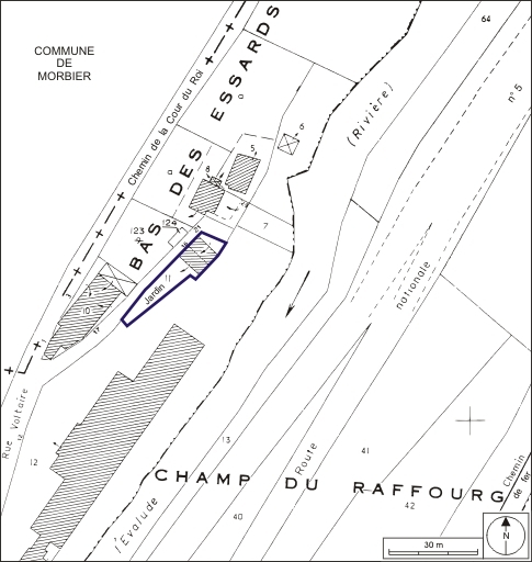 Plan-masse et de situation. Extrait du plan cadastral, 1980, section AC, échelle 1:1000. © André Céréza / Région Bourgogne-Franche-Comté, Inventaire du patrimoine - 2009 Plan-masse et de situation. Extrait du plan cadastral, 1980, section AC, échelle 1:1000. © André Céréza / Région Bourgogne-Franche-Comté, Inventaire du patrimoine - 2009
