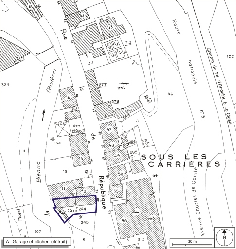 Plan-masse et de situation. Extrait du plan cadastral, 1980, section AD, échelle 1:1000. © André Céréza / Région Bourgogne-Franche-Comté, Inventaire du patrimoine - 2009 Plan-masse et de situation. Extrait du plan cadastral, 1980, section AD, échelle 1:1000. © André Céréza / Région Bourgogne-Franche-Comté, Inventaire du patrimoine - 2009