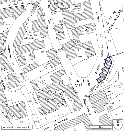 Plan-masse et de situation. Extrait du plan cadastral, 1980, section AE, échelle 1:1000. © André Céréza / Région Bourgogne-Franche-Comté, Inventaire du patrimoine - 2009