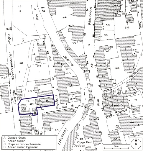 Plan-masse et de situation. Extrait du plan cadastral, 1980, section AE, échelle 1:1000. © André Céréza / Région Bourgogne-Franche-Comté, Inventaire du patrimoine - 2009 Plan-masse et de situation. Extrait du plan cadastral, 1980, section AE, échelle 1:1000. © André Céréza / Région Bourgogne-Franche-Comté, Inventaire du patrimoine - 2009