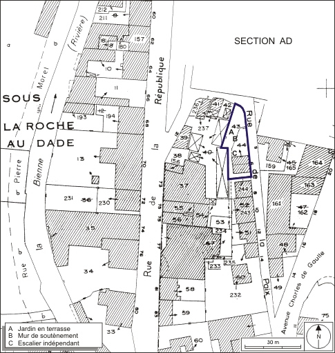 Plan-masse et de situation. Extrait du plan cadastral, 1980, section AE, échelle 1:1000. © André Céréza / Région Bourgogne-Franche-Comté, Inventaire du patrimoine - 2009