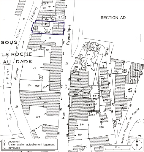 Plan-masse et de situation. Extrait du plan cadastral, 1980, section AE, échelle 1:1000. © André Céréza / Région Bourgogne-Franche-Comté, Inventaire du patrimoine - 2009