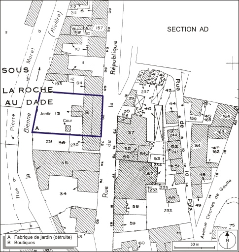 Plan-masse et de situation. Extrait du plan cadastral, 1980, section AE, échelle 1:1000. © André Céréza / Région Bourgogne-Franche-Comté, Inventaire du patrimoine - 2009