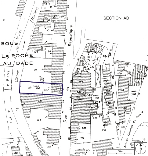 Plan-masse et de situation. Extrait du plan cadastral, 1980, section AE, échelle 1:1000. © André Céréza / Région Bourgogne-Franche-Comté, Inventaire du patrimoine - 2009