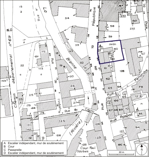 Plan-masse et de situation. Extrait du plan cadastral, 1980, section AE, échelle 1:1000. © André Céréza / Région Bourgogne-Franche-Comté, Inventaire du patrimoine - 2009