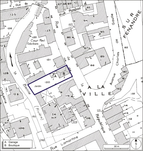 Plan-masse et de situation. Extrait du plan cadastral, 1980, section AE, échelle 1:1000. © André Céréza / Région Bourgogne-Franche-Comté, Inventaire du patrimoine - 2009