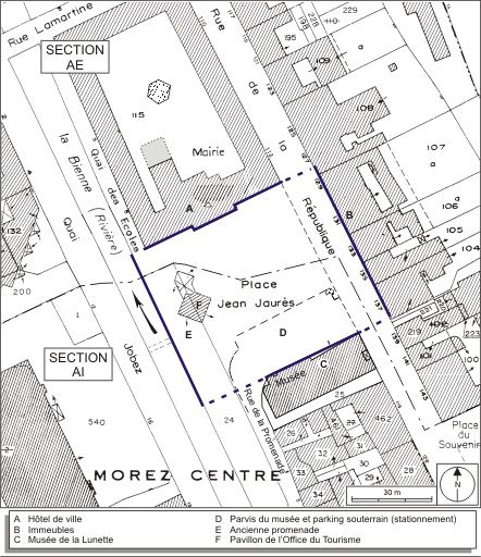 Plan de situation. Extrait du plan cadastral, 1980, sections AE et AI, échelle 1:1000. © André Céréza / Région Bourgogne-Franche-Comté, Inventaire du patrimoine - 2009 Plan de situation. Extrait du plan cadastral, 1980, sections AE et AI, échelle 1:1000. © André Céréza / Région Bourgogne-Franche-Comté, Inventaire du patrimoine - 2009