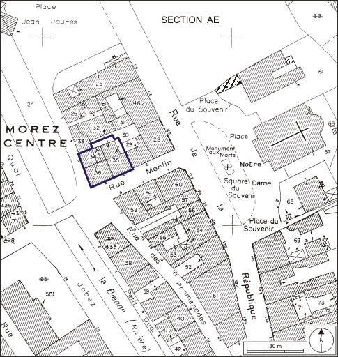 Plan-masse et de situation. Extrait du plan cadastral, 1980, section AI, échelle 1:1000. © André Céréza / Région Bourgogne-Franche-Comté, Inventaire du patrimoine - 2009