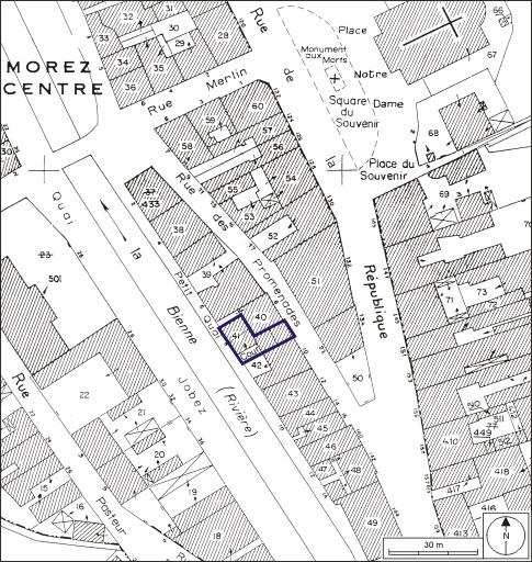 Plan-masse et de situation. Extrait du plan cadastral, 1980, section AI, échelle 1:1000. © André Céréza / Région Bourgogne-Franche-Comté, Inventaire du patrimoine - 2009