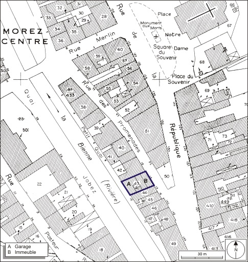 Plan-masse et de situation. Extrait du plan cadastral, 1980, section AI, échelle 1:1000. © André Céréza / Région Bourgogne-Franche-Comté, Inventaire du patrimoine - 2009