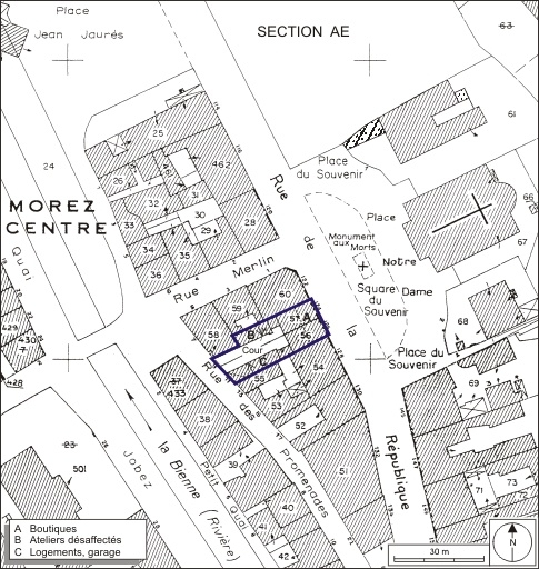 Plan-masse et de situation. Extrait du plan cadastral, 1980, section AI, échelle 1:1000. © André Céréza / Région Bourgogne-Franche-Comté, Inventaire du patrimoine - 2009