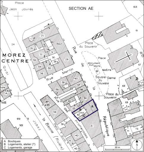 Plan-masse et de situation. Extrait du plan cadastral, 1980, section AI, échelle 1:1000. © André Céréza / Région Bourgogne-Franche-Comté, Inventaire du patrimoine - 2009