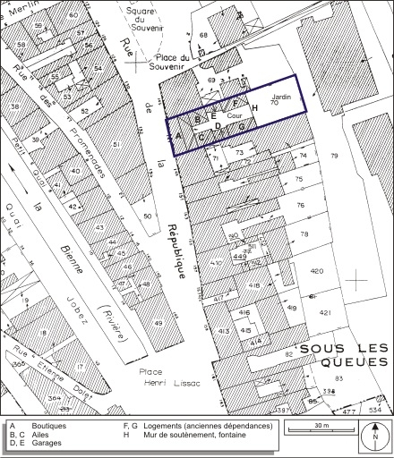 Plan-masse et de situation. Extrait du plan cadastral, 1980, section AI, échelle 1:1000. © André Céréza / Région Bourgogne-Franche-Comté, Inventaire du patrimoine - 2009