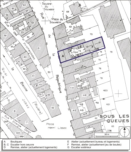 Plan-masse et de situation. Extrait du plan cadastral, 1980, section AI, échelle 1:1000. © André Céréza / Région Bourgogne-Franche-Comté, Inventaire du patrimoine - 2009