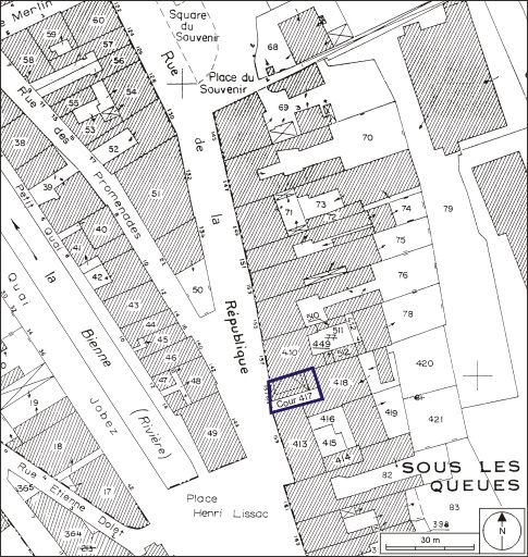 Plan-masse et de situation. Extrait du plan cadastral, 1980, section AI, échelle 1:1000. © André Céréza / Région Bourgogne-Franche-Comté, Inventaire du patrimoine - 2009