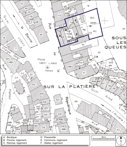 Plan-masse et de situation. Extrait du plan cadastral, 1980, section AI, échelle 1:1000. © André Céréza / Région Bourgogne-Franche-Comté, Inventaire du patrimoine - 2009