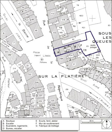 Plan-masse et de situation. Extrait du plan cadastral, 1980, section AI, échelle 1:1000. © André Céréza / Région Bourgogne-Franche-Comté, Inventaire du patrimoine - 2009 Plan-masse et de situation. Extrait du plan cadastral, 1980, section AI, échelle 1:1000. © André Céréza / Région Bourgogne-Franche-Comté, Inventaire du patrimoine - 2009