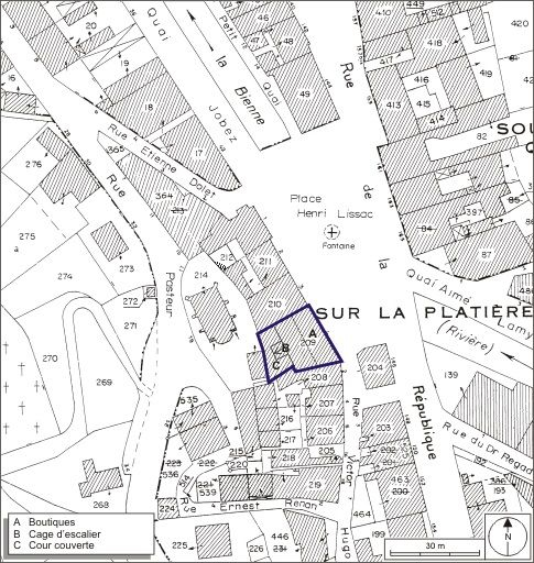 Plan-masse et de situation. Extrait du plan cadastral, 1980, section AI, échelle 1:1000. © André Céréza / Région Bourgogne-Franche-Comté, Inventaire du patrimoine - 2009 Plan-masse et de situation. Extrait du plan cadastral, 1980, section AI, échelle 1:1000. © André Céréza / Région Bourgogne-Franche-Comté, Inventaire du patrimoine - 2009