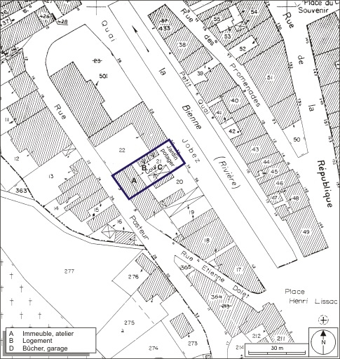Plan-masse et de situation. Extrait du plan cadastral, 1980, section AI, échelle 1:1000. © André Céréza / Région Bourgogne-Franche-Comté, Inventaire du patrimoine - 2009