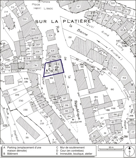 Plan-masse et de situation. Extrait du plan cadastral, 1980, section AI, échelle 1:1000. © André Céréza / Région Bourgogne-Franche-Comté, Inventaire du patrimoine - 2009